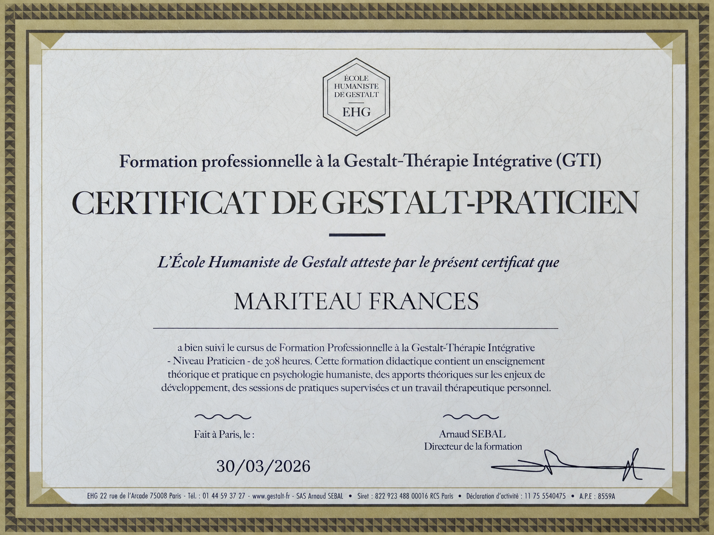 Certificat de Gestalt-Praticien de Frances Mariteau délivré par l’École Humaniste de Gestalt